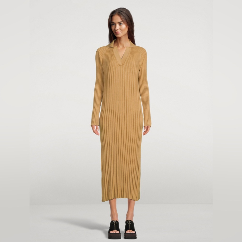 Loulou Studio Ribbed Polo Neck Midi Dress - Camel